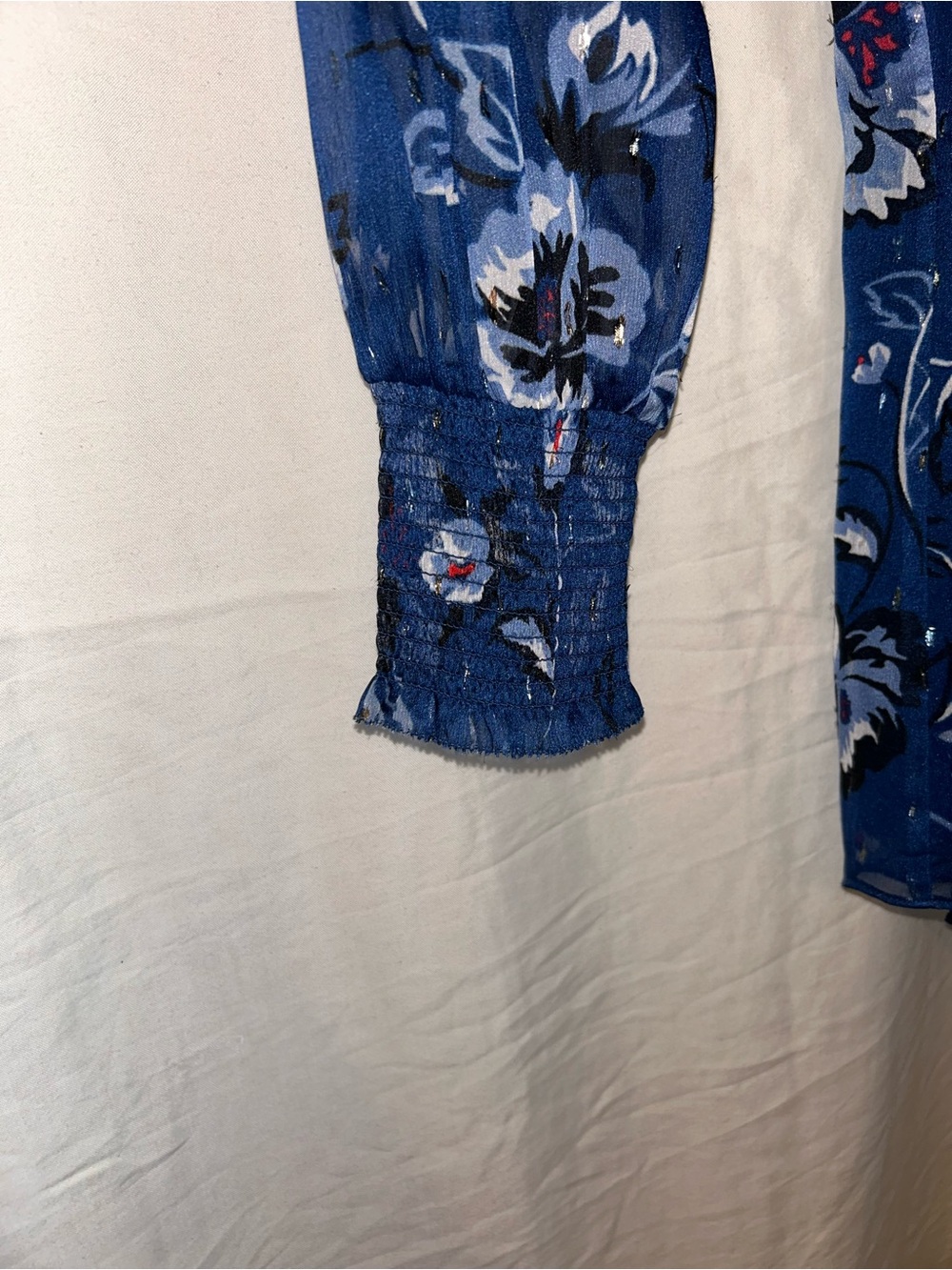 WHBM Blue Ruffle Neck Blouse with Sheer Sleeves - Picture 7 of 17